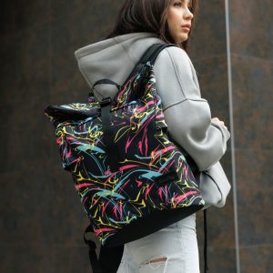 Рюкзак SamBag жіночий RollTop KZN чорний принт "ABSTRACT"