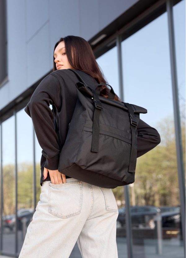 Рюкзак SamBag жіночий RollTop Milton Чорний тканинний