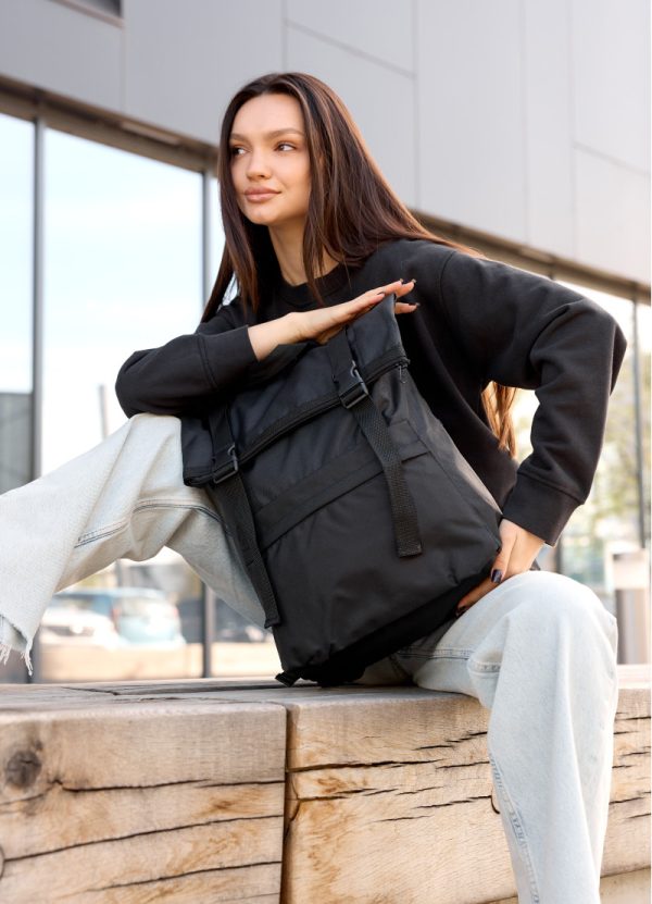 Рюкзак SamBag жіночий RollTop Milton Чорний тканинний - Зображення 5