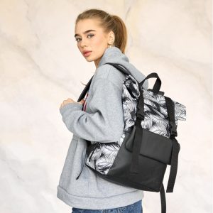 Рюкзак SamBag жіночий RollTop Milton Чорний з принтом Palm