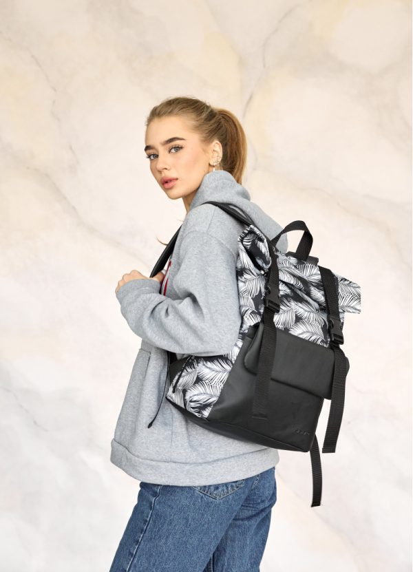 Рюкзак SamBag жіночий RollTop Milton Чорний з принтом Palm